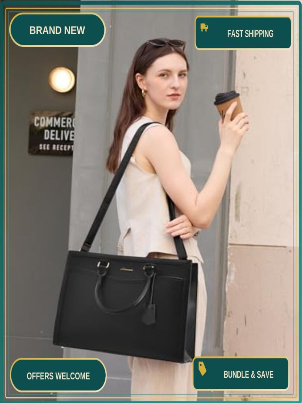 LOVEVOOK Laptop Tote Bag Large Work Computer Bag with Cup Holder PU Leather - Picture 2 of 6